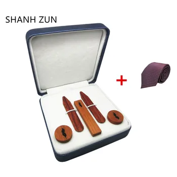 

SHANH ZUN Fashion Wood Collar Stays & Cufflinks & Tie Bar with Beard Texture Holiday Gift Set for Mens Dress Shirt