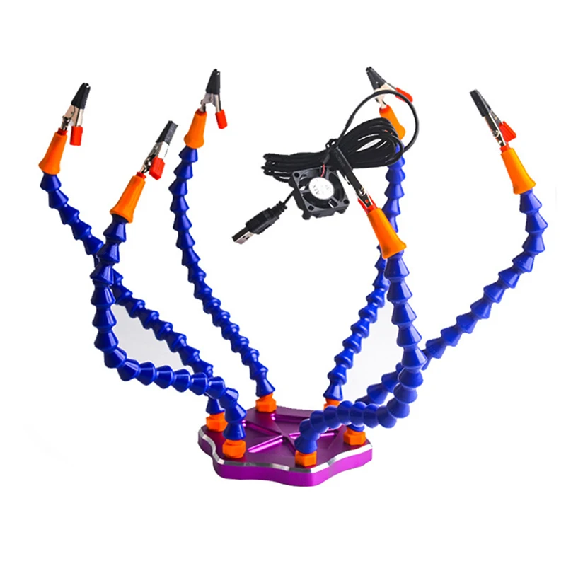 

Third Hand Soldering Tool 6 Flexible Arms Six Arm Soldering Station With Swiveling Alligator Clip USB Fan for RC Drone
