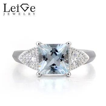 

Leige Jewelry Promise Ring Nature Aquamarine Ring March Birthstone Princess Cut Blue Gemstone 925 Sterling Silver Gifts for Her