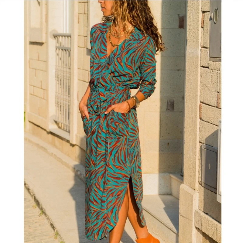 

Women Dress Sexy Split High Wasit Casual Lace Up Woman Long Dress Fashion Boho Print Striped Dresses Ladies Plus Size Maxi Dress