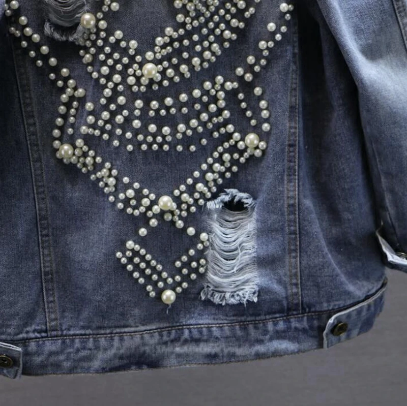 awesome Luxury Pearls Denim coat Punk Rock Jeans jacket 2018 New Beading Hip Hop Holes Coat Big Size Coats