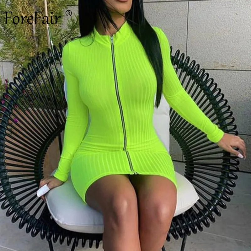 

Forefair Ribbed Zip Long Sleeve Autumn Dress Women Winter 2019 White Neon Green Bodycon Skinny Turtleneck Slim Mini Sexy Dress