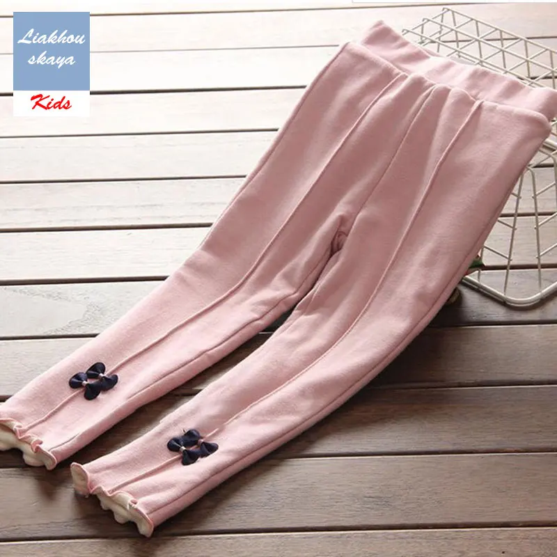 Liakhouskaya/ г.; модные зимние теплые леггинсы с цветочным принтом для девочек; детские штаны с милым бантом; длинные штаны; брюки - Цвет: Pink For Winter