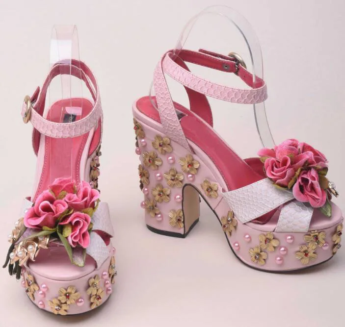 

Moraima Snc Beautiful Flower Decorations Platform Shoes Woman Peep Toe Thick Heels Woman Ankle Strap Sandals Party Dress Heels