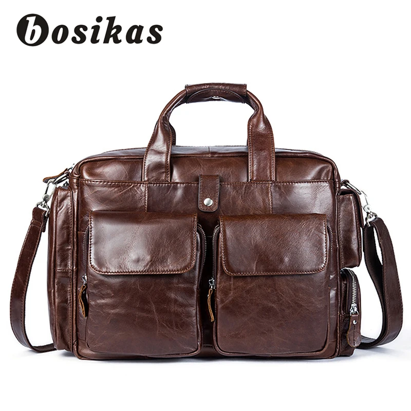 

BOSIKAS Men Bag Genuine Leather Briefcases Men Zipper Crossbody Messenger Bag Business laptop Document Bag Shoulder Bag For Man