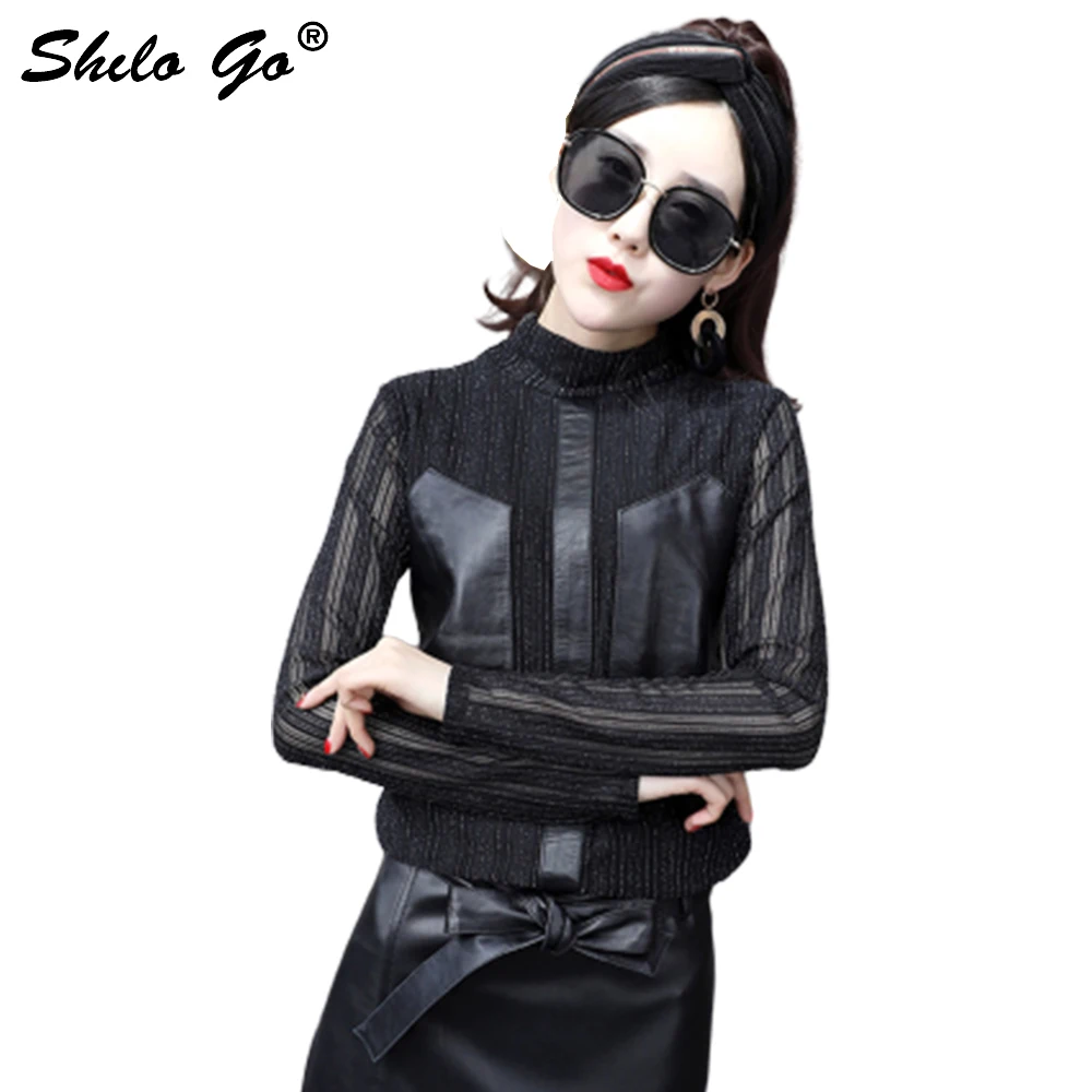 

Leather Blouse Womens Summer Fashion sheepskin genuine leather Blouse stand collar spliced sexy lace slim blouse