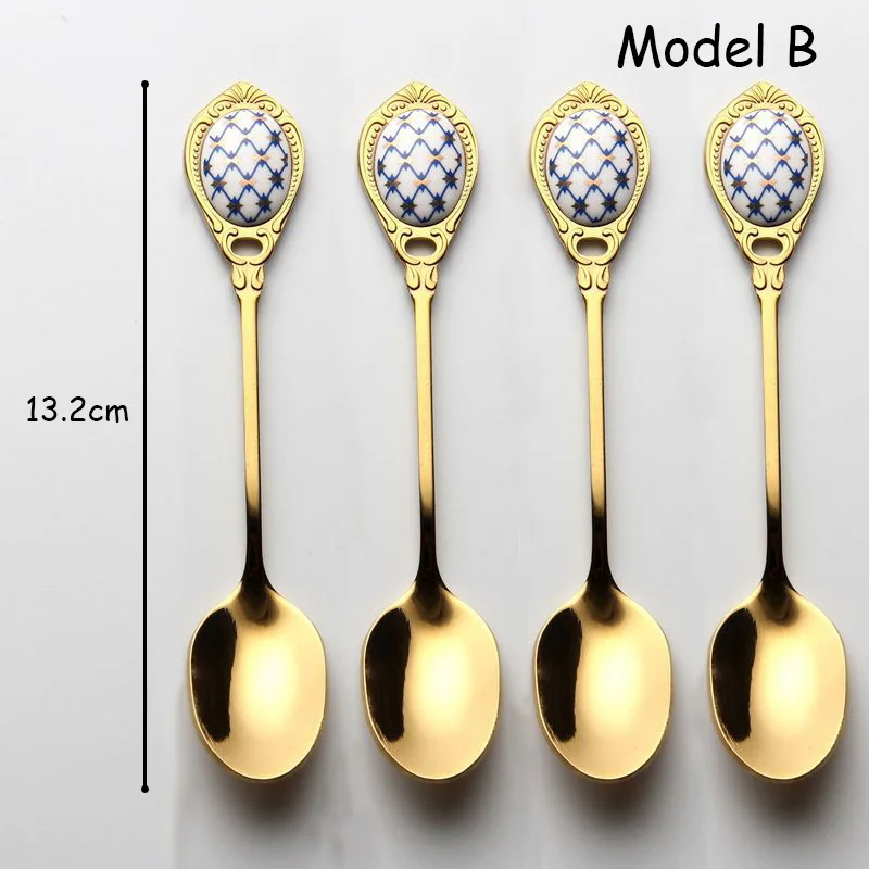 Ложка для десерта нержавеющая сталь для ложек совки инкрустация Керамика ручка Винтаж Кухня золотое покрытие высокого Класс совки 4 шт./компл - Цвет: Model B