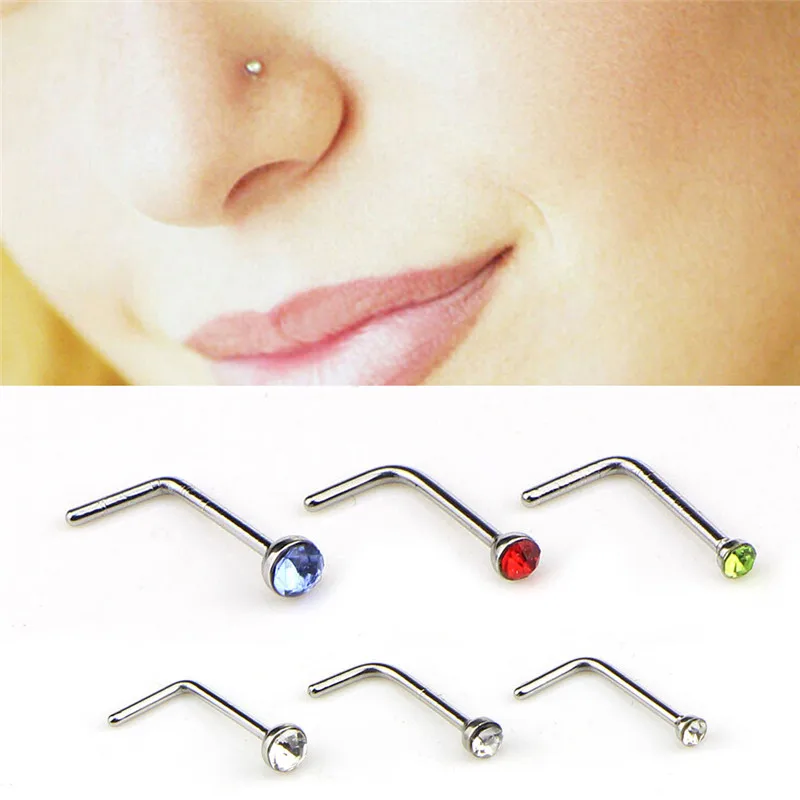 New Charm Stainless Steel CZ Crystal L Shape Nose Ring Body Piercing