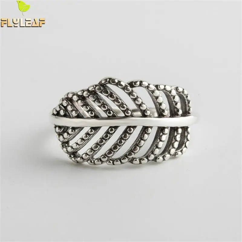 

Flyleaf Hollow Leaves Beads Rings For Women Real 925 Sterling Silver Solid High Quality Fine Jewelry Femme Open Ring Vintage