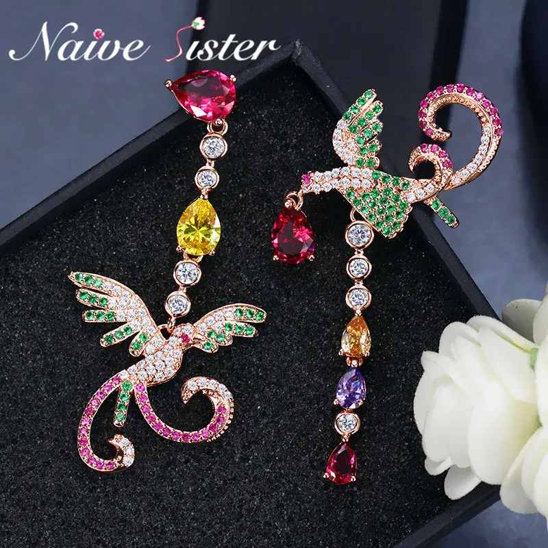 

European Style Luxury Phoenix Shape Long Drop Earrings Women Multicolor Cubic Zirconia Rhinestone Jewelry Peacock Animal Earring
