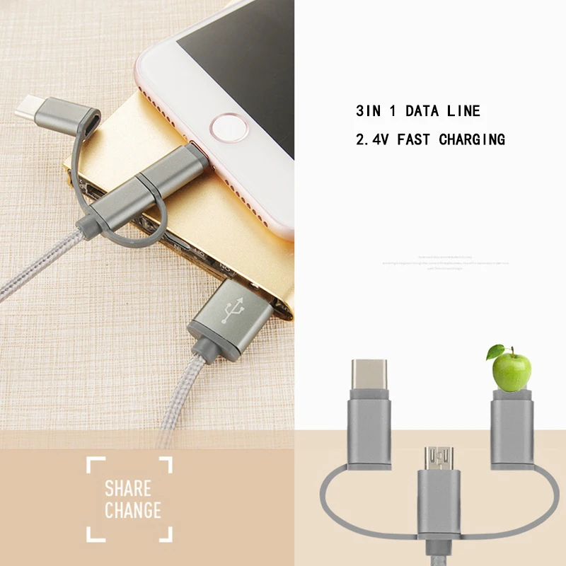 Конвертер 2.4A 3 в 1 USB кабель для быстрой зарядки передачи данных xiaomi huawei iPhone