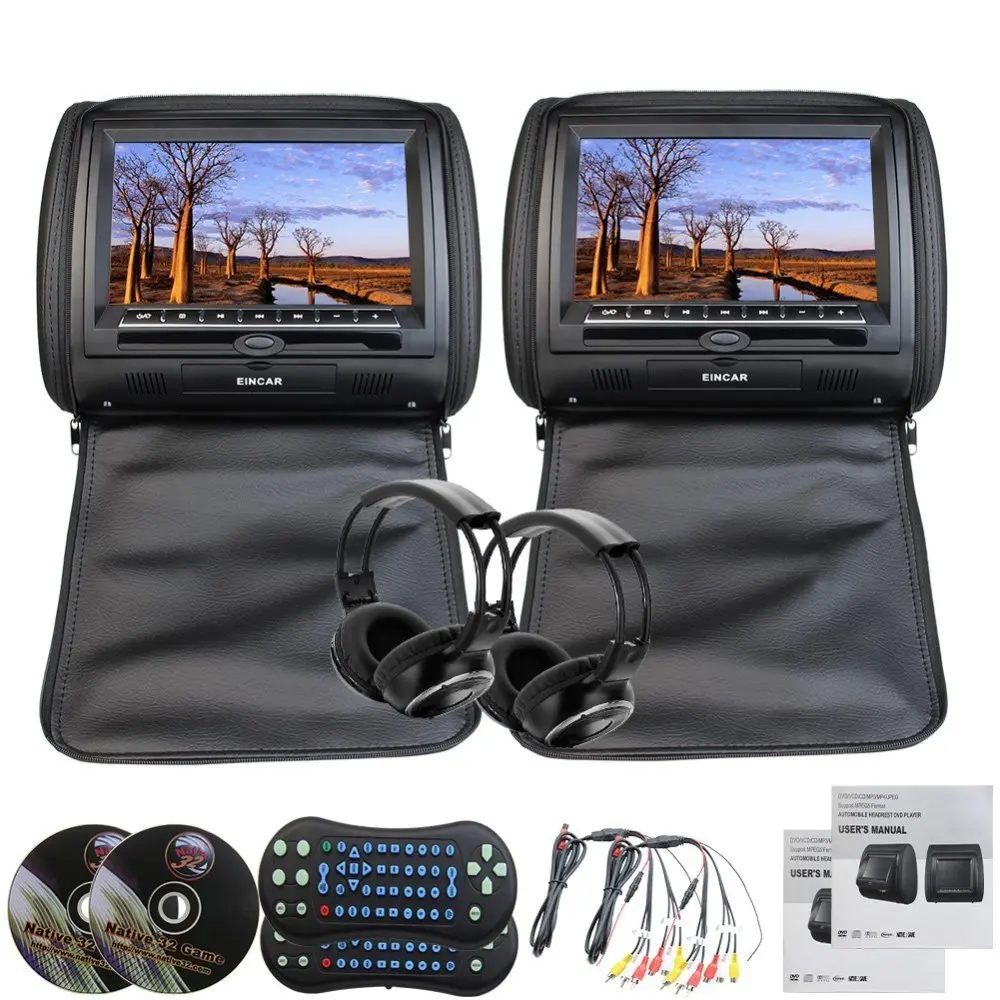 

Pair of Headphones+Car Headrest Black Color Leather 9" Pillow Headrest Monitor Remote Control USB SD FM Transmitter 32 Bit Games