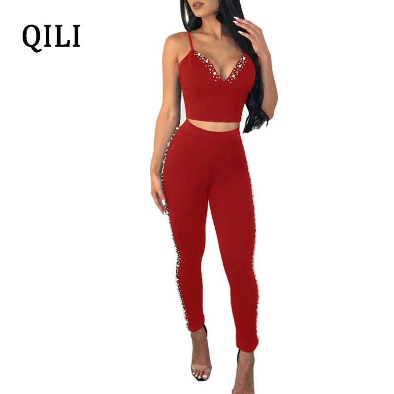 

QILI Beading Jumpsuits Women Rompers Sexy V-Neck Zipper Two Piece Set Skinny Long Pants Bodycon Jumpsuits Red Blue Black
