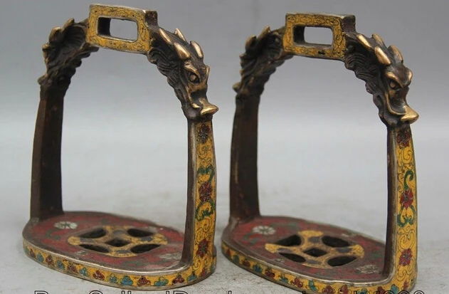 

JP S62 7" Chinese Cloisonne Bronze Dragon Head Horse An Zi utensil saddle Hanging Pair