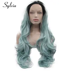 Sylvia синие синтетические парики с темными корнями тела волна средняя часть длинные термостойкие волокна волос для женщин