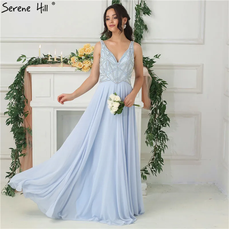 Sky Blue Chiffon Sexy Sleeveless Prom Dresses Beading Pearls V-Neck Beach Evening Gowns Real Photo LA6697