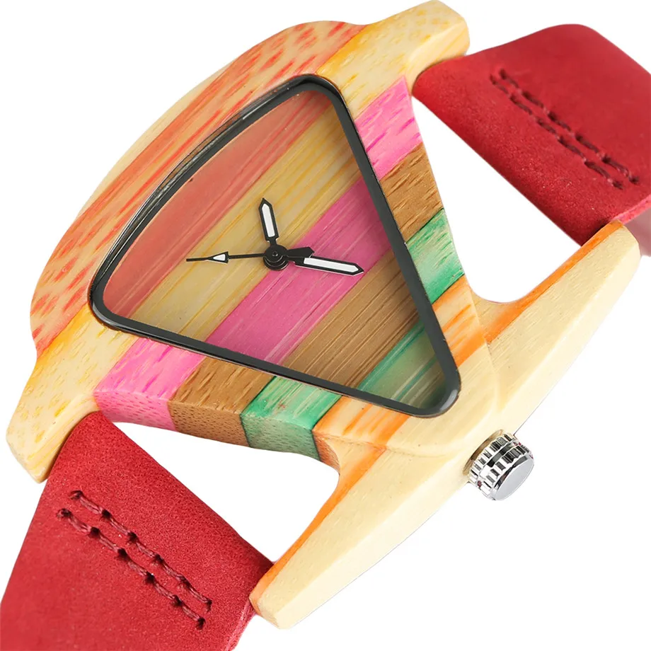 Luxury Women Creative Triangle Wooden Watches Colourful Analog Quartz Woman's Ladies Cute Bamboo Leather Wristwatch Clock Gifts Rainbow Fashion Dress Watch (4)