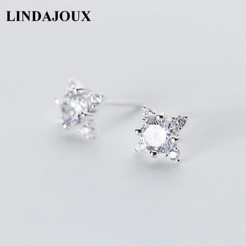 

LINDAJOUX 925 Sterling Silver 4-corner Star With Clear Zircon Stud Earrings For Women S925 sterling-silver-jewelry Studs Earring