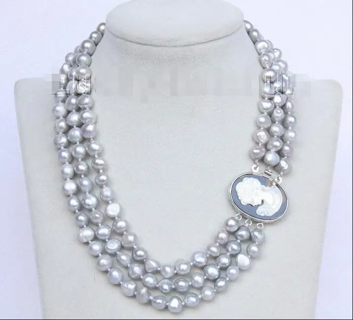 

FREE SHIPPING HOT sell new Style >>>>> Baroque 16"-18" 3row 9mm gray pearls necklace seashell clasp j10078