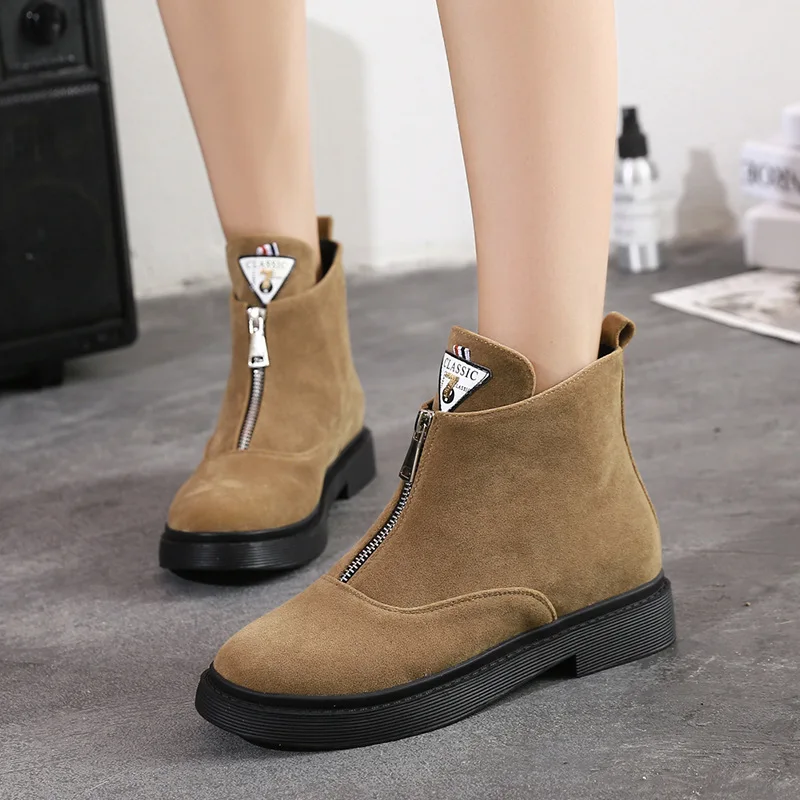 

MoBeiNi 2018 autumn and winter new high help plus velvet Martin boots short boots flat women's shoes front zipper boots solid