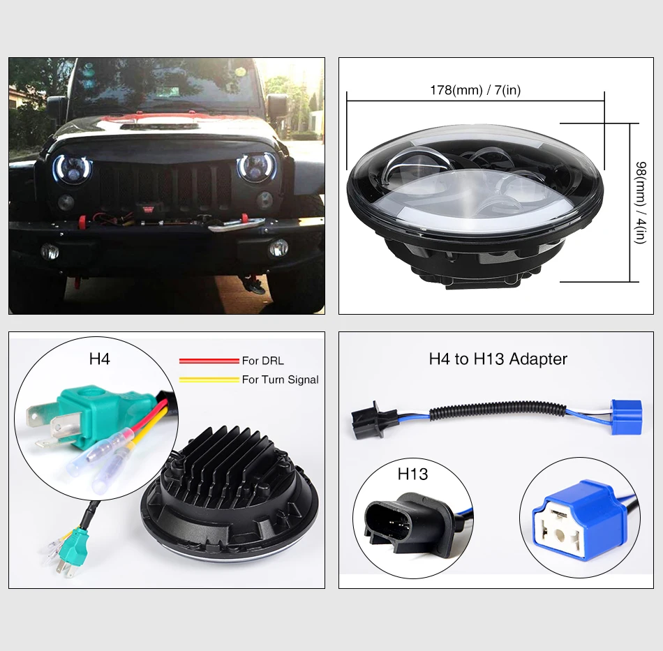 1 шт. 40 Вт 7 дюймов светодиодный головной светильник, комплект, бегущий светильник H4 H13 Высокий Низкий Луч для Jeep Wrangler 2009- 4x4 Niva налобный фонарь
