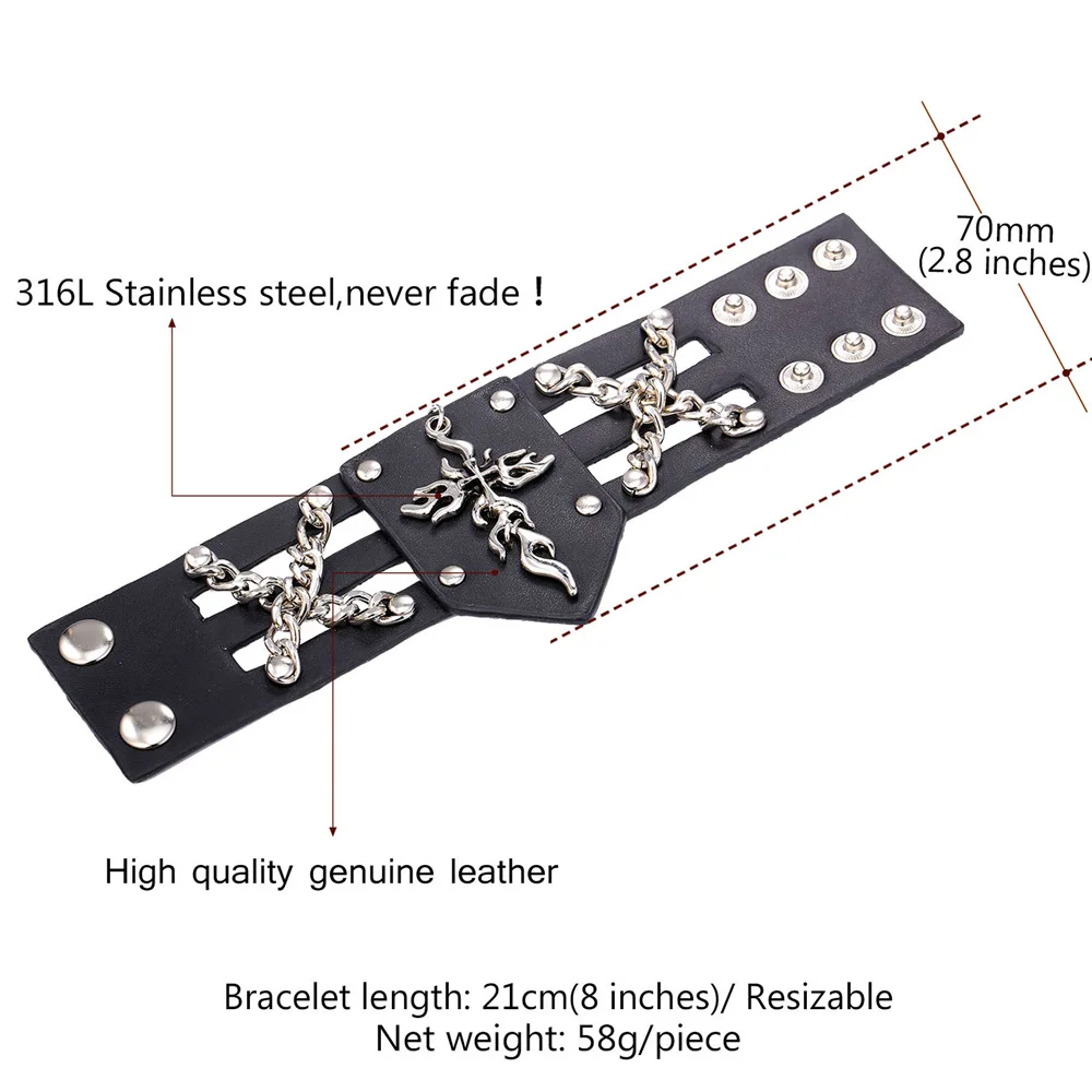 Мужской браслет-обертка из натуральной кожи, многослойный Браслет-манжета из нержавеющей стали с возможностью изменения размера, браслет в стиле панк хип-хоп, широкий Браслет-манжета H1967G