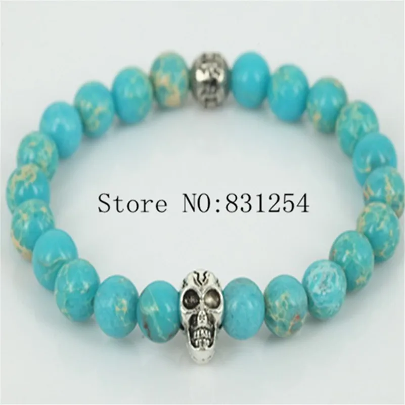 Модный стиль, 1 шт., смешанный цвет, 8 мм, имперский камень, посеребренный браслет, цветной браслет с черепом, мужской браслет для йоги - Окраска металла: 1pc blue