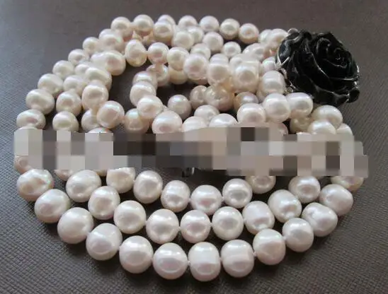 

song voge gem nanJ1393 3row white round freshwater pearl necklace - black flower GP clasp