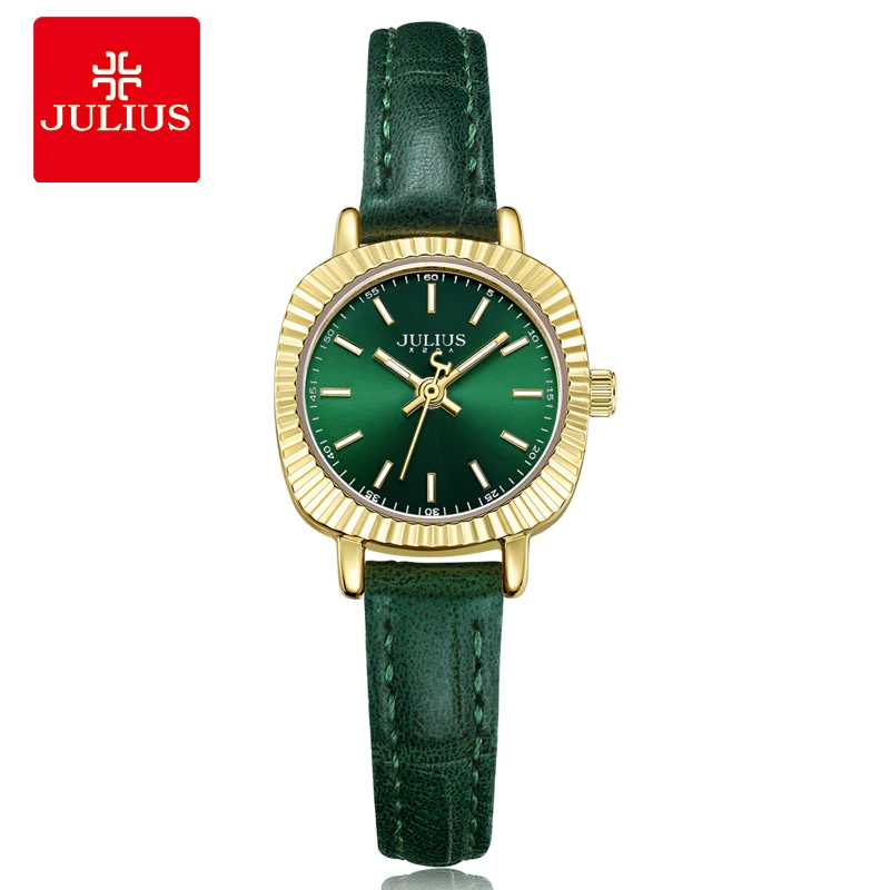 

Julius Women Watch Electronic Fashion Green Ladies Leather Watches Quartz Creative Gear Case Korean Designer Whatch Hour JA-1056