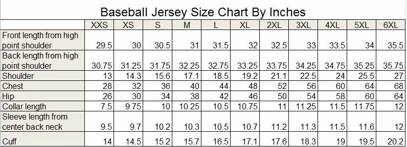 new baseball jersey size chart