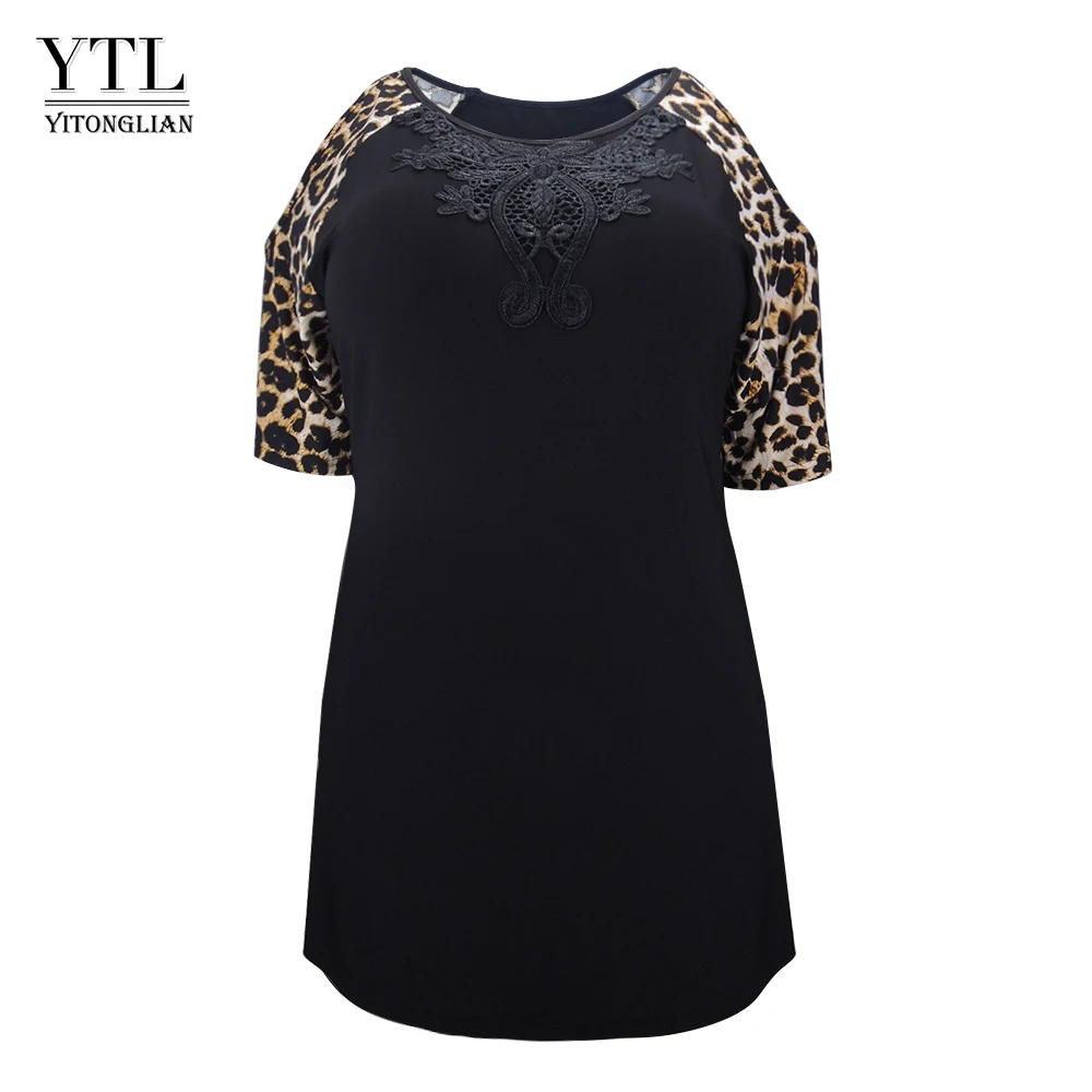 

YTL Plus Size Dress for Women 4XL 5XL 6XL Leopard Black Off Shoulder Summer Dress Floral Crochet Mini Sheath Party Dress H108