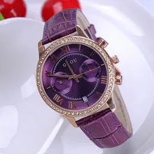 (6 Couleur) 2016 Nouvelle Arrivée Femmes Strass Montres De Luxe Quartz Montre Cinq Point Montre Véritable Montres-bracelets En Cuir GUOU 8037