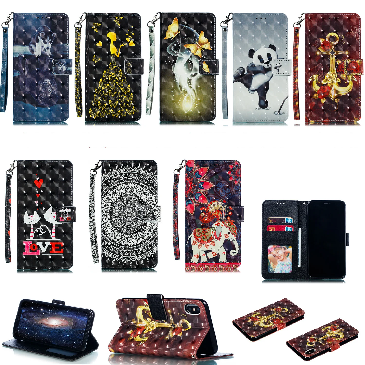 

3D Painted Shockproof Multi-purpose Wallet Stand Holder PU Leather Bag Flip Phone Case For iPhone 7 7Plus 8 8Plus