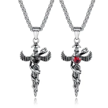 

Vintage Stainless Steel Sword Angel Heart Red Zircon Crystal Pendant Necklace Fashion Punk Style Jewelry QL1424