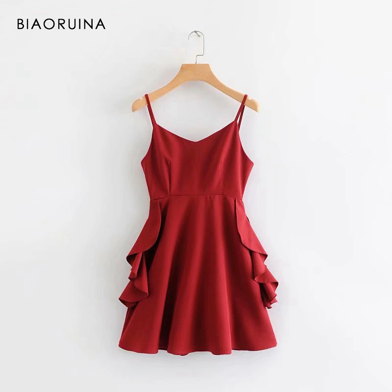 

BIAORUINA Women Red Sleeveless V-neck Mini Dress Cascading Ruffles Female Holiday Beach Sexy Dress Spaghetti Strap High Waist