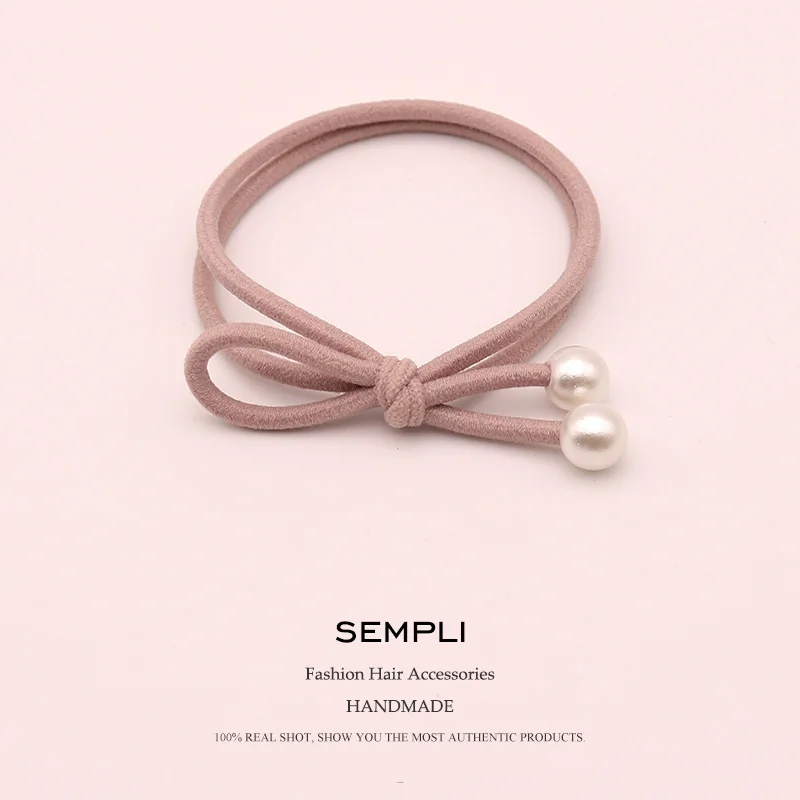 Pink Sempli, нейлоновые резинки, ручная работа, бант, эластичные резинки для волос для женщин, двойной жемчуг, милый резиновый плотный головной убор, аксессуары, резинки для волос - Цвет: Pink