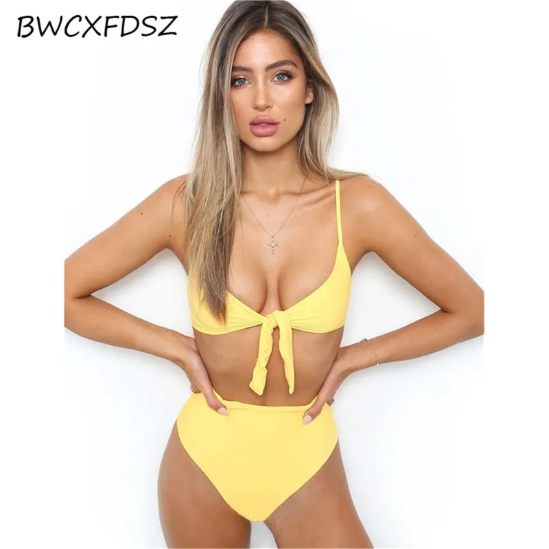 Купить BWCXFDSZ новый купальник бикини 2018 сплошной цвет Высокая талия трусики Тонг с | Отзывы и видеообзор (32861470061)
