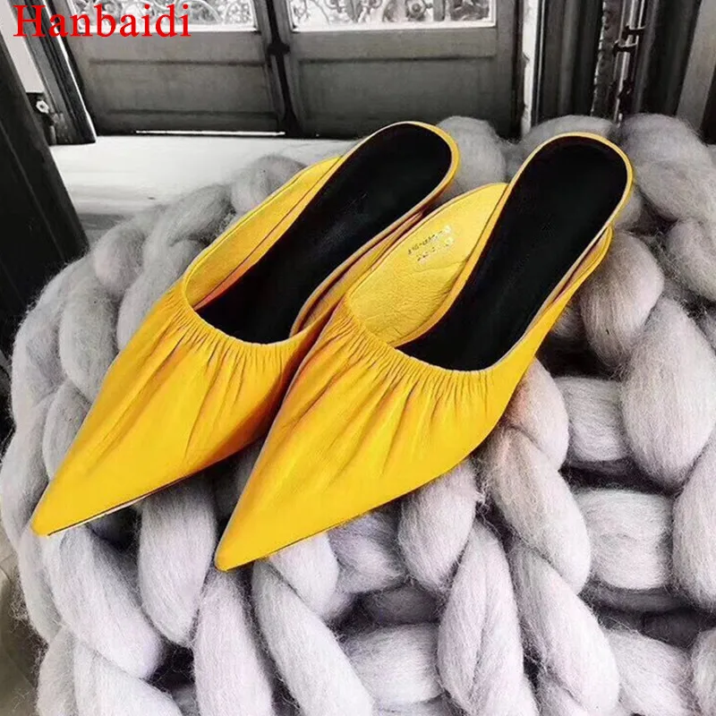 

Hanbaidi Summer pointed toe Slippers women genuine leather sandals pleated wrinkled flip flops kitten heels mules Shoes Women