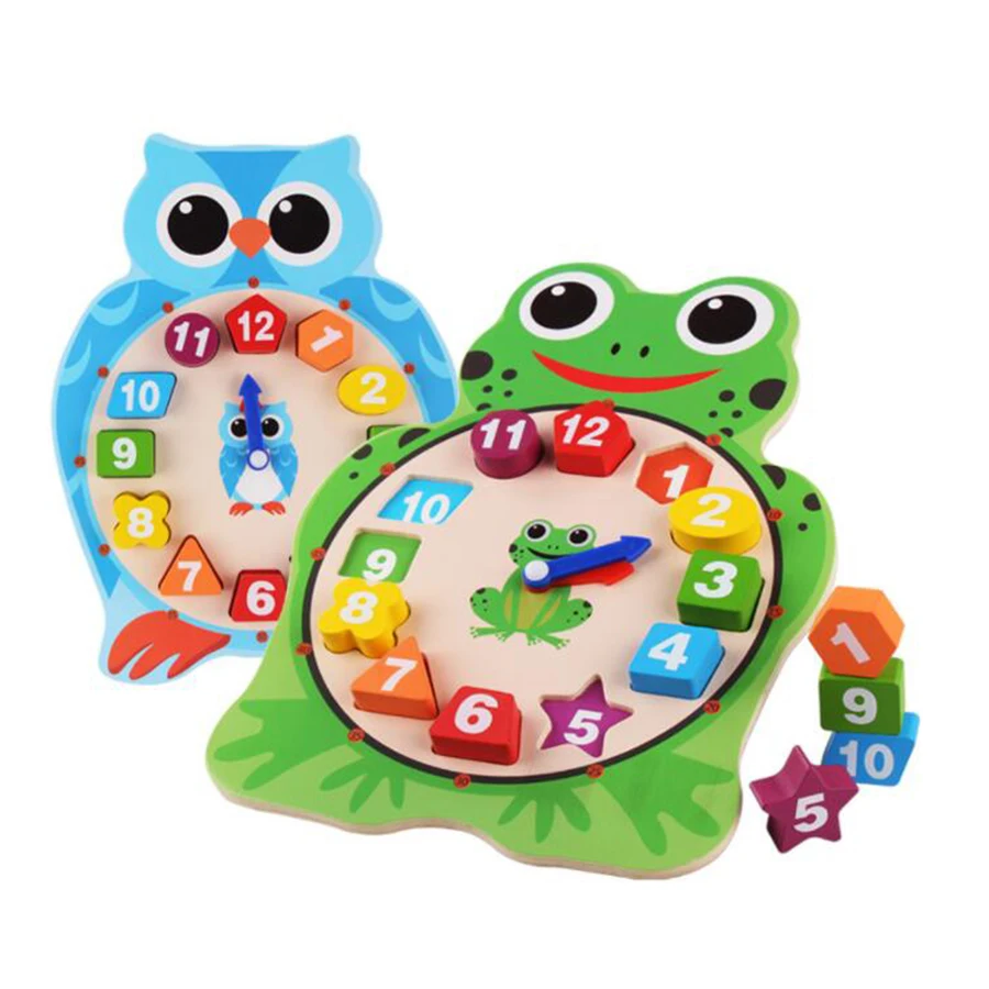 Деревянные часы головоломки игрушки номер 1-12 мультяшная Сова Лягушка цифровые часы для раннего развития игрушки для детей
