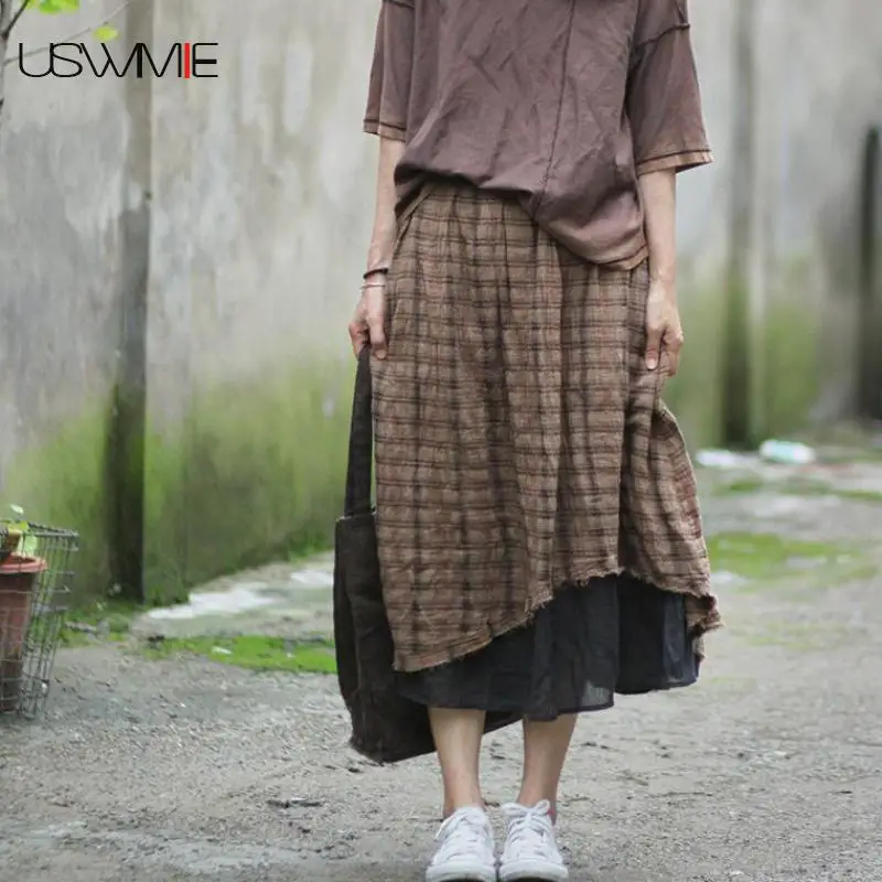 

2019 Linen Skirt Retro Art Color Matching Grid Double Layer Oblique Pocket Comfort Irregular Hem Plus Size Women Skirt USWMIE