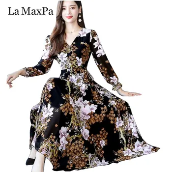 

High quality 2019 Autumn New Arrival Plus Size Elegant V Collar Long Sleeve Loose Dress Flower Printed Woman Chiffon Midi Dress