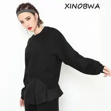 Европа осень Для женщин высокое уличный стиль свободные с круглым вырезом кнопка черный из 2 шт. футболка Топы женские Повседневное личности футболки