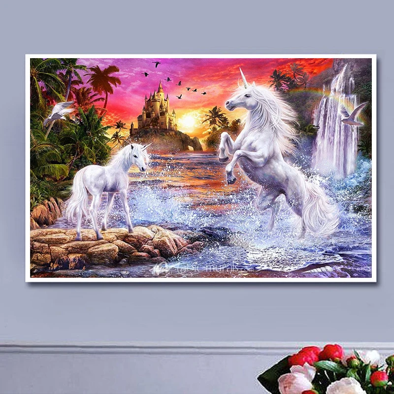 DIY 5D Diamond Mosaic Two white horse Diamond Painting Cross Stitch Kits round Diamond