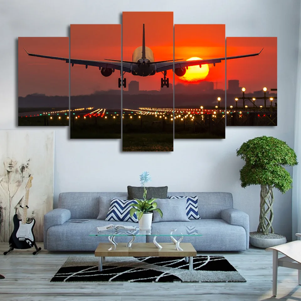 Декор постер рамка для гостиной HD печатные картины 5 шт. красный закат пейзаж и самолет Современная Настенная живопись для дома