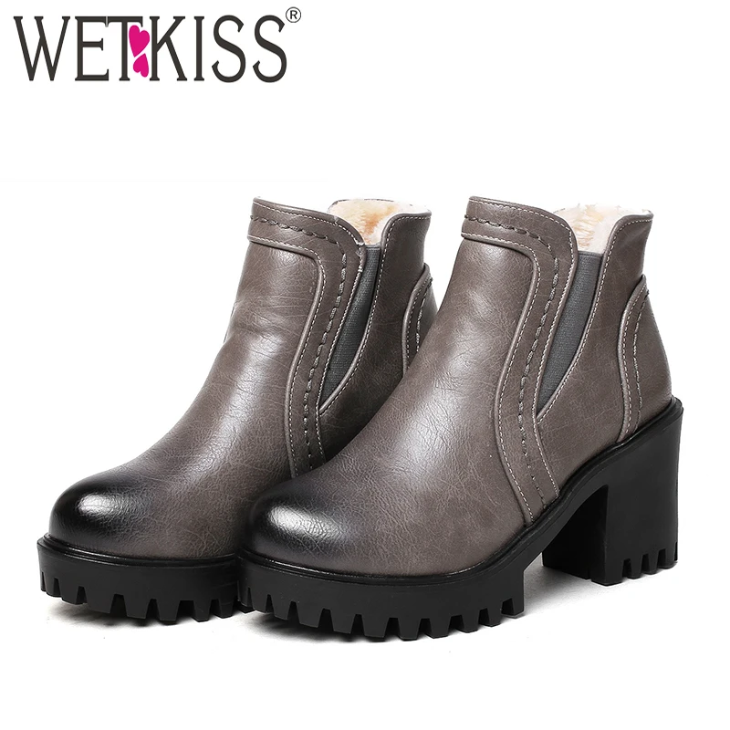 

WETKISS Thick High Heels Ankle Women Boots Round Toe Thick Plush Footwear Pu Female Boot Platform Shoes Woman 2018 Winter Black