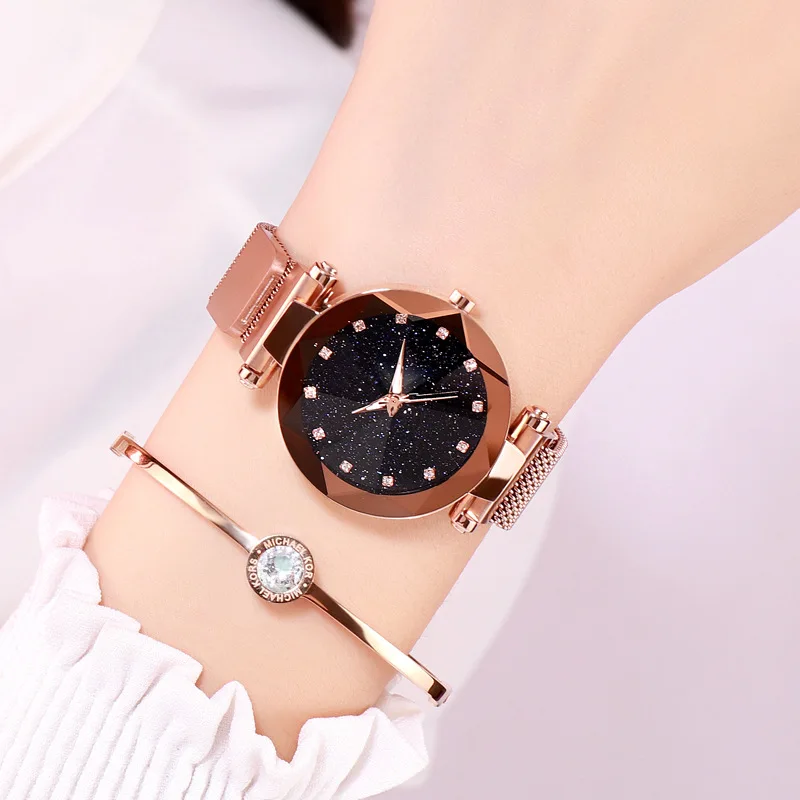 Женские часы стильный Элитный бренд розовое золото Фэнтези звездное небо Кварцевые Полный сталь Ремешок для часов платье