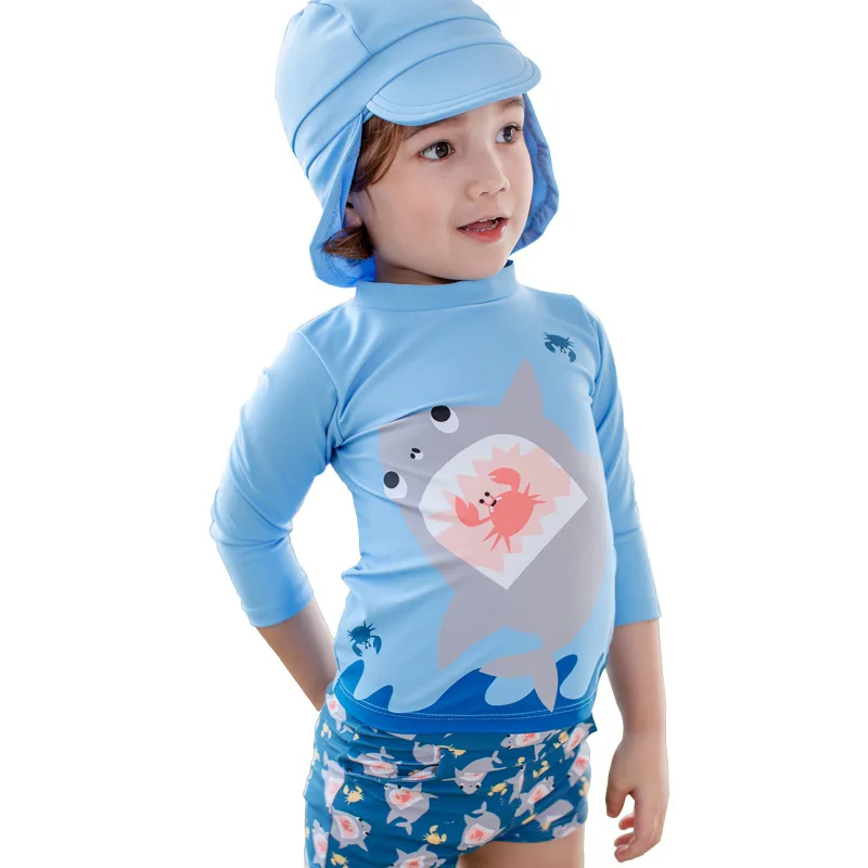 2019 Upgraded Boy Three Pieces With Hat Swimsuit Shark Print Kids Elastic Swimwear Bathing Suit