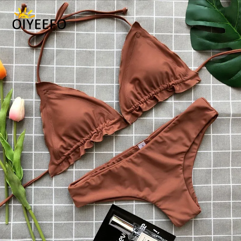 Buy Oiyeefo 2018 Solid Brown Halter Bikini Swimsuit
