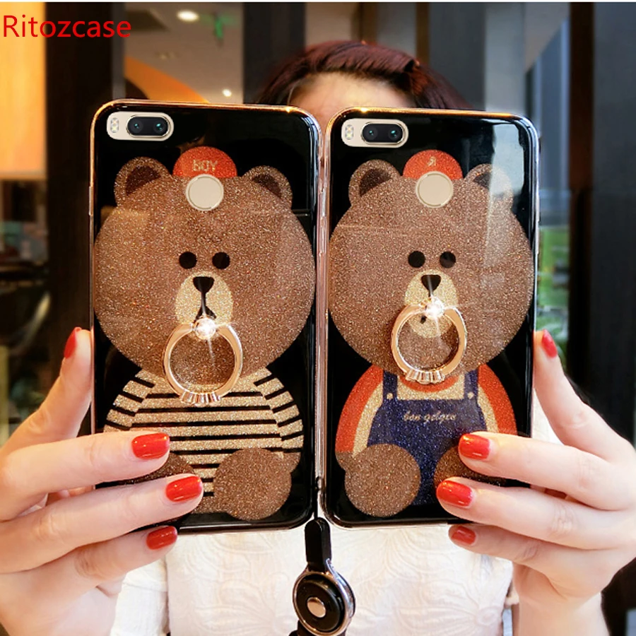 

For Xiaomi Mi A1 case Xiaomi Mi 5X cases cover luxury glitter bear with diamond ring holder glossy tpu+pc hard shockproof coque