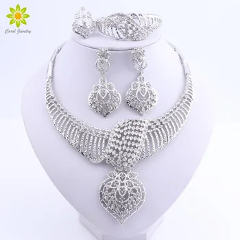 

Silver Plated Dress Bridal Jewelry Sets for Women Necklace Earrings Ring Bracelet Set Party Valentine Jewelery Gifts